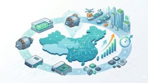 Современная иллюстрация рынка запчастей для китайских электромобилей в футуристическом стиле для статьи о трендах 2026 года